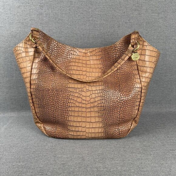 Vtg Brahmin Leather Handbag Large Tan Croc Embossed Smooth Tote Hobo Slouch Boho - Picture 1 of 16